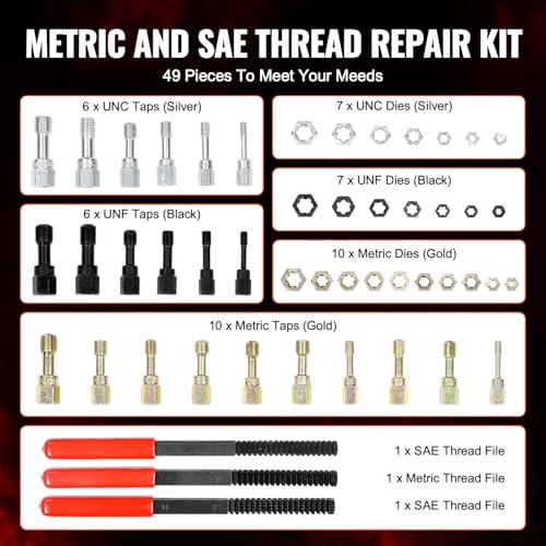 VEVOR Thread Chaser Set - 49-Piece UNC UNF and Metric Thread Restorer Tool Rethreading Tool Kit with 22 Taps 24 Dies 3 Thread Files Storage Case Heat Treated Steel for Mechanics DIY Enthusiasts - size: 49PCS, style: SAE&METRIC