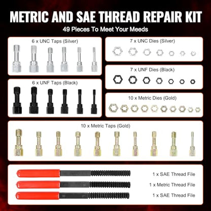 VEVOR Thread Chaser Set - 49-Piece UNC UNF and Metric Thread Restorer Tool Rethreading Tool Kit with 22 Taps 24 Dies 3 Thread Files Storage Case Heat Treated Steel for Mechanics DIY Enthusiasts - size: 49PCS, style: SAE&METRIC