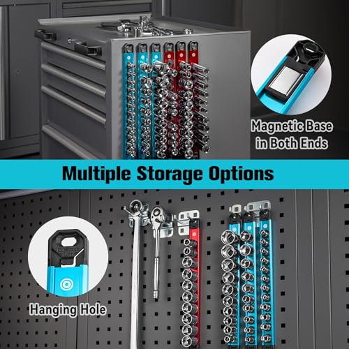 DURATECH Magnetic Socket Organizer Set, 1/4”, 3/8”, 1/2” Aluminum Alloy Socket Rail with 96 Clips, Socket Holder for Tool Box Drawer, Tool Cart and Garage Organization(9PCS) - size: 9PCS