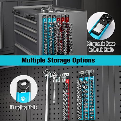 DURATECH Magnetic Socket Organizer Set, 1/4”, 3/8”, 1/2” Aluminum Alloy Socket Rail with 96 Clips, Socket Holder for Tool Box Drawer, Tool Cart and Garage Organization(9PCS) - size: 9PCS