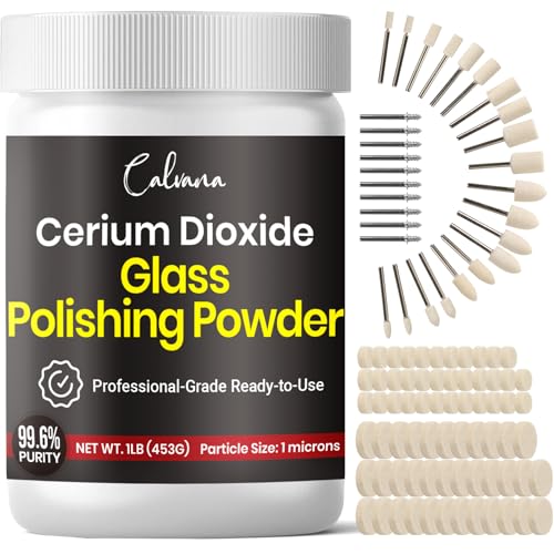 Calvana Cerium Oxide Glass Polishing Powder (1 lb) – Includes 100 PCS Polishing Buffing Wheels for Dremel Kit, Restores Clarity and Removes Wiper Marks, Swirls, and Water Spots, 1 Micron - size: Polishing Powder + Polishing Buffing Wheels