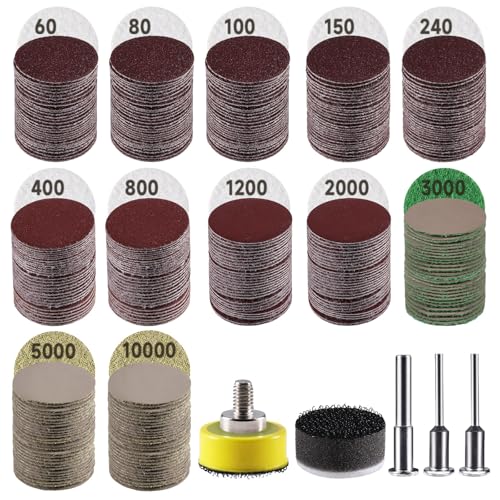 365 PCS 1 Inch Wet Dry Sanding Discs 60-10000 Grit Hook and Loop Sandpaper | Rotary Tool Accessories with 1/8" 1/4" Shank, Backing Pad, Polishing Pads, Foam Pads for Auto Metal Glass Resin Wood Jewelry - color: 1 Inch Sanding Discs
