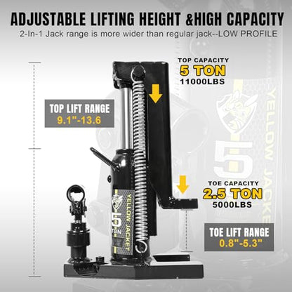 YELLOW JACKET Toe Jack, 5 Ton Saddle/2.5 Ton Claw 2-in-1 Low Profile Lift Jack, Heavy Duty Hydraulic Claw Jack for Automotive, Machinery, Construction, Farm, Garage - size: 5 Ton Saddle
