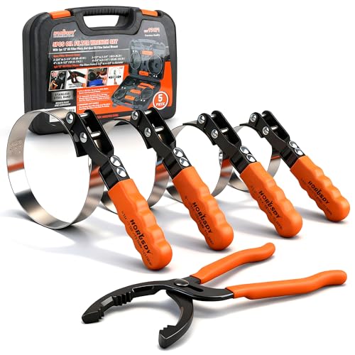 HORUSDY 5-Piece Standard Swivel Oil Filter Wrench, 2-3/4" - 5-1/4"(68.85-133.35mm) Ajustable Car Oil Filter Removal Tool, Durable & Easy Operation - color: Orange and Black(5-piece)