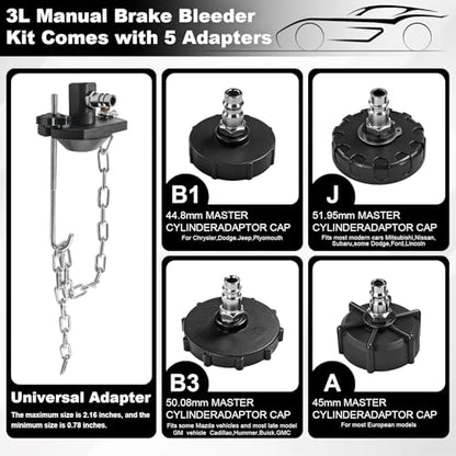 3L Brake Bleeder Kit with Universal Adapter, Manual Brake Bleeder Vacuum Pump Kit with 1L Brake Bleeder Bottle and 4 Master Cylinder Adapters, Brake Bleeding Kit Suitable for Most Vehicles