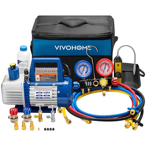 VIVOHOME Upgraded 4CFM 1/3 HP 1-Stage HVAC Vacuum Pump and 4 Way AC Manifold Gauge Set with Leak Detector, 5ft Hoses & Accessories for R134a R12 R22 R502 R410a Automotive Air Conditioner Maintenance - color: blue, size: 4CFM