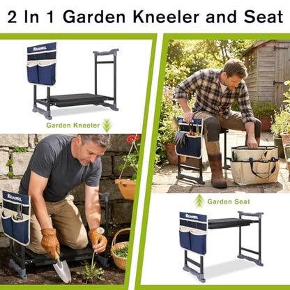 Garden Kneeler and Seat with Umbrella, 2-in-1 Foldable Gardening Stool with Adjustable Bracket, Detachable Tool Bags, Heavy Duty Kneeling Pad for Gardening (Beige Blue) - color: Beige & Blue