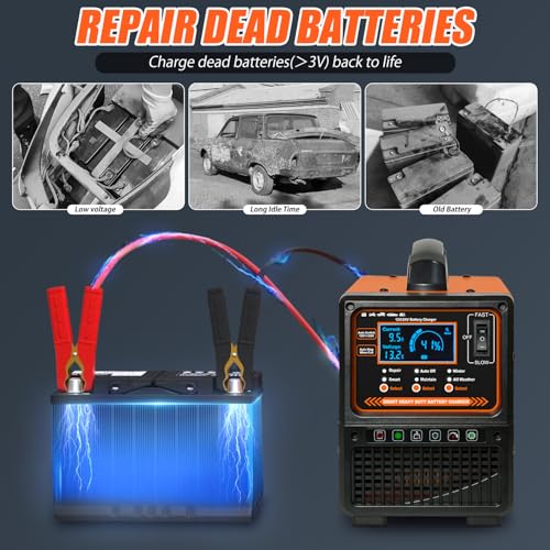 12V 24V Car Battery Charger Heavy Duty, Portable 0-15A Smart Battery Maintainer/Trickle Charger with Repair, Auto Shutoff, Winter/Summer Mode for Car Truck Boat RV Lawn Mower AGM Lead-Acid Deep Cycle