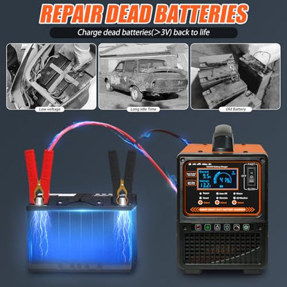 12V 24V Car Battery Charger Heavy Duty, Portable 0-15A Smart Battery Maintainer/Trickle Charger with Repair, Auto Shutoff, Winter/Summer Mode for Car Truck Boat RV Lawn Mower AGM Lead-Acid Deep Cycle