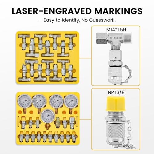 Hydraulic Pressure Test Kit (Pro Kit) | 5 Gauges, 16 Couplings (NPT 3/8'', 1/2'', 3/4'' ), 14 Tee Connectors for Excavators, Loaders, Tractors, Construction & Mining