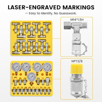 Hydraulic Pressure Test Kit (Pro Kit) | 5 Gauges, 16 Couplings (NPT 3/8'', 1/2'', 3/4'' ), 14 Tee Connectors for Excavators, Loaders, Tractors, Construction & Mining