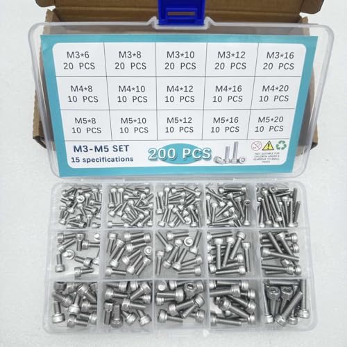 Button Head/Hex Socket/Phillips Flat Head Screws Assortment - Furniture, Auto, Home Repair Fastener Kit (200PCS M3-M5 Hexagon Screws Set) - color: 200PCS M3-M5 Hexagon Screws Set