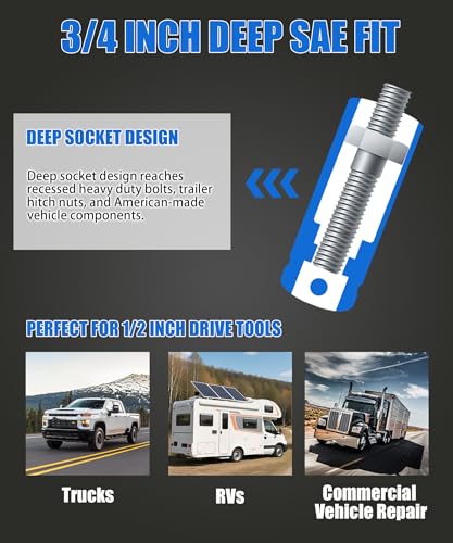 3/4in (19.05mm) Deep Impact Socket 1/2" Drive CR-MO Steel 6-Point | CR-MO steel impact socket set. 1/2" drive, 6-point design. Deep reach for lug nuts & axle nuts. - size: 3/4in (19.05mm)