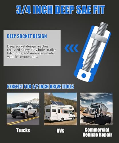 3/4in (19.05mm) Deep Impact Socket 1/2" Drive CR-MO Steel 6-Point | CR-MO steel impact socket set. 1/2" drive, 6-point design. Deep reach for lug nuts & axle nuts. - size: 3/4in (19.05mm)