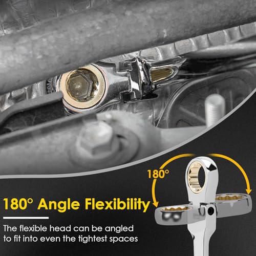 YIYEIE 14 * 15 mm Extra Long Flex-Head Ratcheting Wrench, Metric, 72-Tooth Double Box End Long Handle Ratchet Wrench, CR-V Steel with Mirror Finish Labor-Saving Spanner - size: Extra Long 14mm x 15mm