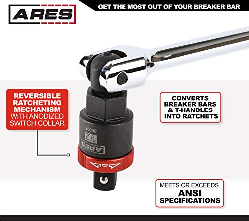 ARES 36005-1/2-Inch Drive Ratcheting Breaker Bar Adapter - Converts Breaker Bar or Sliding T-Handle into Ratchet - Reversible Ratcheting Mechanism with Anodized Switch Collar - size: 1/2-Inch Drive, style: Ratcheting Breaker Bar Adapter