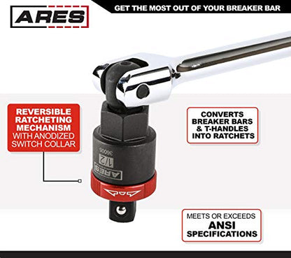 ARES 36005-1/2-Inch Drive Ratcheting Breaker Bar Adapter - Converts Breaker Bar or Sliding T-Handle into Ratchet - Reversible Ratcheting Mechanism with Anodized Switch Collar - size: 1/2-Inch Drive, style: Ratcheting Breaker Bar Adapter