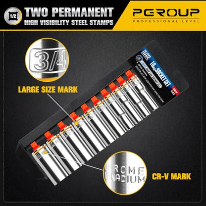 10PCS 1/2” Drive Deep Socket Set, SAE (3/8"-15/16"), 6-Point, Cr-V Steel, Chrome Plated Socket With Hanging Bracket, Cover Most Commonly Sizes - size: 1/2"SAE (3/8"-15/16")