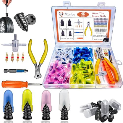40Pcs Tire Repair Rubber Nails Kit with 4 Sizes, Vacuum Tire Repair Rubber Nail Screw in Tire Repair Plugs, Tire Screw Plug Repair Kit, Quick Self-Service Tire Repair Tools for Car, Motorcycle, Truck