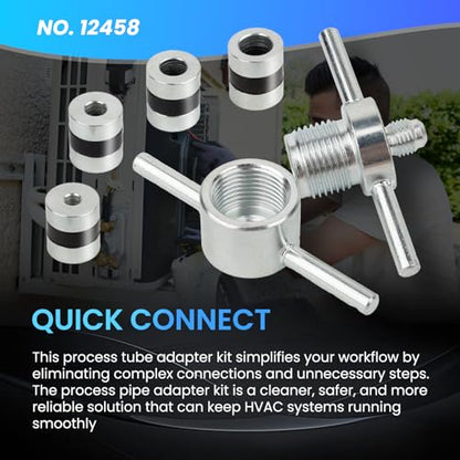 12458 HVAC Process Tube Adapter Kit for 3/16", 1/4", 5/16", 3/8" Copper Tubing, Leak-Free Charging Line Connector, A/C Refrigeration Service Tool with Storage Case