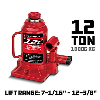 Powerbuilt Heavy Duty 12-Ton Bottle Jack, 24000-Pound Capacity Hydraulic Car Lift, Vehicles, Trucks, Red 647502 - size: 12 Ton, Shorty