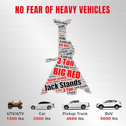 Big RED AT43006UR Steel Jack Stands: 3 Ton (6,000 LBs) Capacity, 2 Pack, RED - size: 3 ton, style: Extended Height Steel