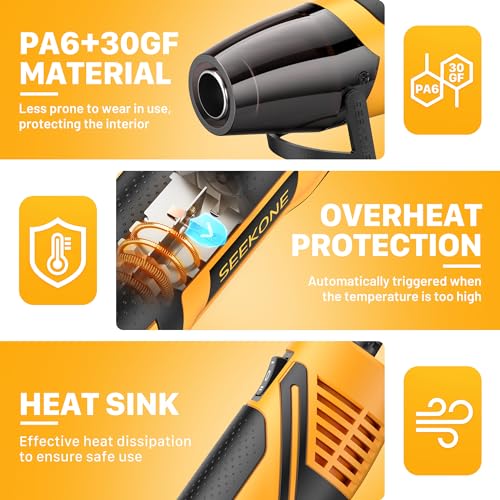 SEEKONE Mini Heat Gun, 350W 2-Temp Settings 500℉ & 842℉（260℃& 450℃） Fast Heat Hot Air Gun Tool with Reflector Nozzle and 4.9Ft Long Cable Overload Protection for Crafting, Vinyl Wrap and Shrink Tubing - color: Yellow