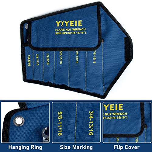 YIYEIE 6 Pc. Flare Nut Wrench Set, SAE 1/4" to 15/16", CR-V Steel, Brake Fuel Line Wrench Set with Roll-up Pouch - color: Sae 6pcs, size: 6-Point
