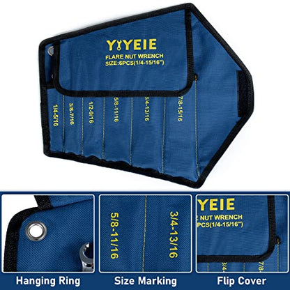 YIYEIE 6 Pc. Flare Nut Wrench Set, SAE 1/4" to 15/16", CR-V Steel, Brake Fuel Line Wrench Set with Roll-up Pouch - color: Sae 6pcs, size: 6-Point