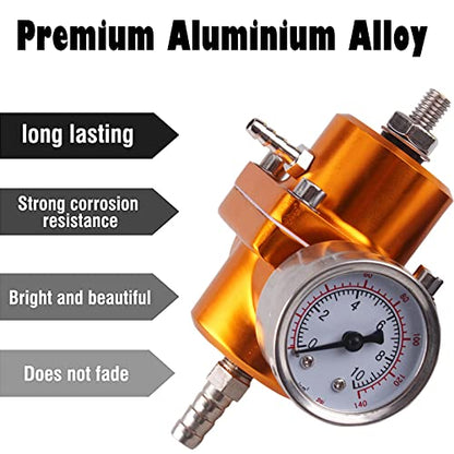 BARTOO Universal Adjustable Fuel Pressure Regulator Kit, Aluminum Fuel Regulator, Adjustable Gas Oil Injection Pressure Regulator with 0-140 PSI Gauge -Gold - color: Gold