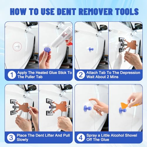 Dent Puller Kit for Cars, Professional Paintless Dent Repair Kit with Golden Lifter, Slide Hammer, Adjustable Temperature Guη, Hot Glue Dent Puller Kit for Minor Dents, Door Dings and Hail Damage