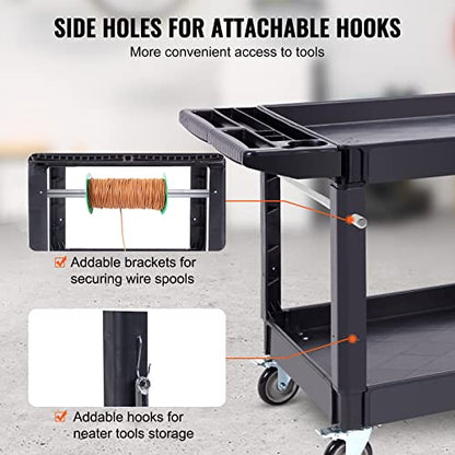 VEVOR Utility Service Cart 2 Shelf 550 lbs Heavy Duty Plastic Rolling Cart | Heavy Duty Utility Cart with 360° Swivel Wheels, Large Lipped Shelf, Ergonomic Storage Handle for Warehouse/Garage/Cleaning - size: 25.59"D x 45.67"W x 33.46"H