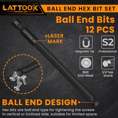 Ball End Hex Head Allen Wrench Drill Bit Set with Quick Release Bit Driver, LATTOOK 12PCS Metric Ball End Hex Bit Set Allen Hex Key, Magnetic S2 Steel, 4'' Long - style: 12PCS Ball Hex Bits+Bit Driver