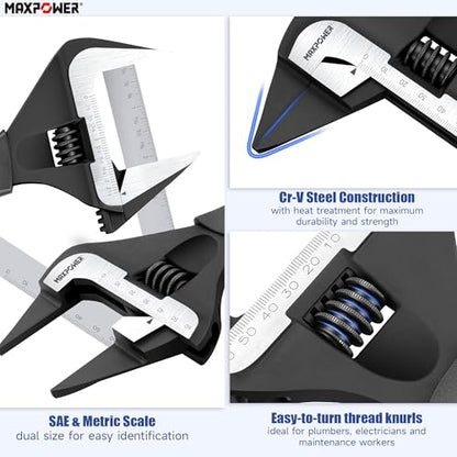 MAXPOWER 12-inch Slim Jaw Adjustable Wrench, Extra Thin Jaw Wide Opening Adjustable Wrench, Dual Scale with Metric and SAE, Soft Grip Handle - size: 12"