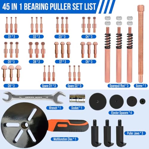 45 in1 Bearing Puller Set, Blind Bearing Puller Separator, 3 Jaw Gear Pulley Puller Kit, Inner Bearing Removal Tool with 9 Different Specifications of Pulling Heads, Special Storage Box - size: 45in1-puller