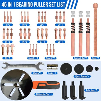 45 in1 Bearing Puller Set, Blind Bearing Puller Separator, 3 Jaw Gear Pulley Puller Kit, Inner Bearing Removal Tool with 9 Different Specifications of Pulling Heads, Special Storage Box - size: 45in1-puller