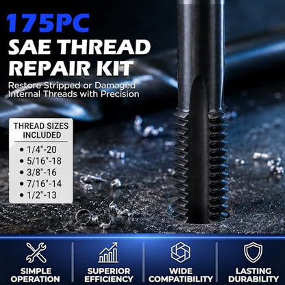175PC SAE Thread Repair Kit, Thread Restorer Tool Set with HSS Drill Bits, Taps, Thread Inserts, Installation and Break-Off Tools for Stripped Threads, Automotive Repair, Metalworking and Garage Use - size: 175-Pc SAE Pro Kit
