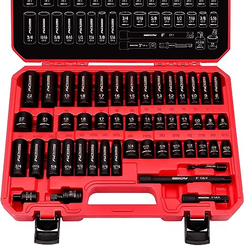 3/8" Drive Impact Socket Set - 49-Piece SAE (5/16 to 3/4 inch) and Metric (8-22mm) Sizes with Extension Bars and Universal Joint Standard & Deep CR-V Material for High Durability Impact Wrench - style: 3/8" | 49-Piece Standard & Deep