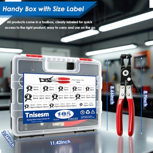 Tnisesm 195Pcs 6-38mm Spring Band Hose Clamps Assortment kits with Swivel Flat Fuel Hose Clamp Plier - 23 Sizes Silicone Vacuum Hose Pressure Air Clip Clamp - size: 195Pcs-23 Sizes+Plier