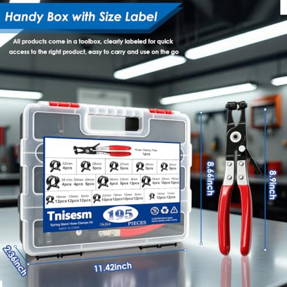 Tnisesm 195Pcs 6-38mm Spring Band Hose Clamps Assortment kits with Swivel Flat Fuel Hose Clamp Plier - 23 Sizes Silicone Vacuum Hose Pressure Air Clip Clamp - size: 195Pcs-23 Sizes+Plier