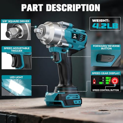 Cerycose Cordless Impact Wrench Compatible with Makita 18VBattery, 3/8" 600Ft-lbs (700N·m), Brushless Electric Impact Driver, 2400 RPM, LED Light – Compact, Light-Duty, Bare Tool