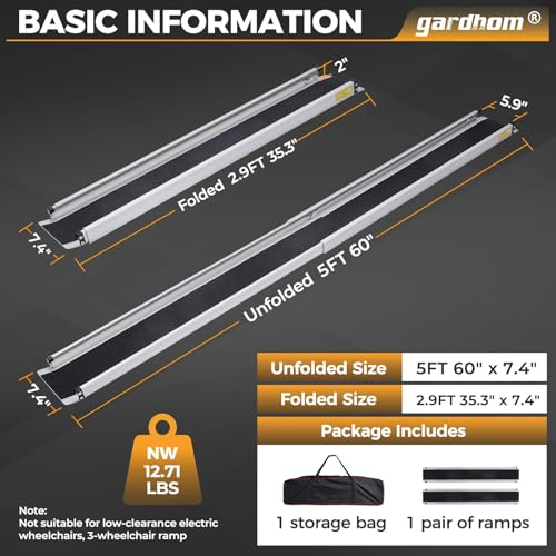 gardhom 5FT Adjustable Wheelchair Ramp 60" L x 7.4" W Telescopic Ramps for Wheelchairs 600lbs Portable Wheelchair Ramps for Steps Home Threshold Doorways Steps Stairs with Carrying Bag, 1Pair - size: 5FT(can be used as 3FT or 5FT)
