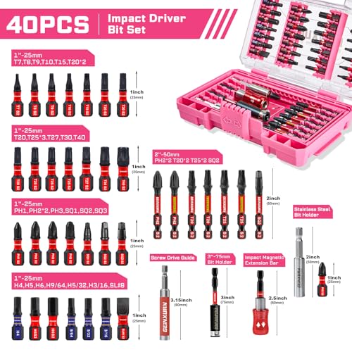 Geinxurn 40Pieces Impact Screwdriver Bits Set, Magnetic S2 Steel Phillips/Slotted/Square/Torx Insert Power Bits Tips, Impact Bit Holder with Pink Storage Box Case - style: STKB040-PK