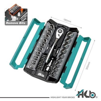 HB 32-Piece 3/8" Drive Socket Set AKX009-U, 120-Tooth Teardrop Offset Ergonomic Ratchet with Quick Release, Chrome Vanadium Steel Sockets, Micro-Chrome Finish, Portable Rack, Made in Taiwan - size: ‎32PC 3/8" DR. (120T)