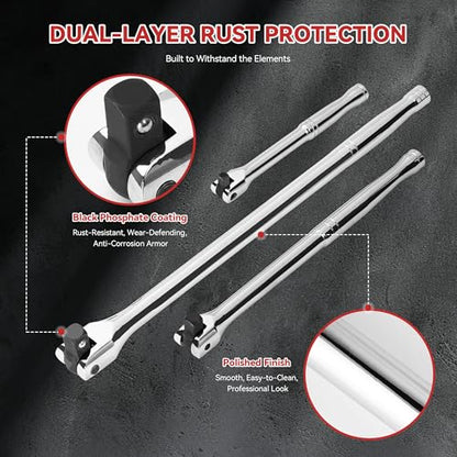 KOOPOOL 10 PC Breaker Bar Set, 3/8" 1/2" 1/4" Drive, 180° Rotatable Head | 6'', 10'', 15'' Length, 3 Extension Bars, Organizer Case - style: Single-ended