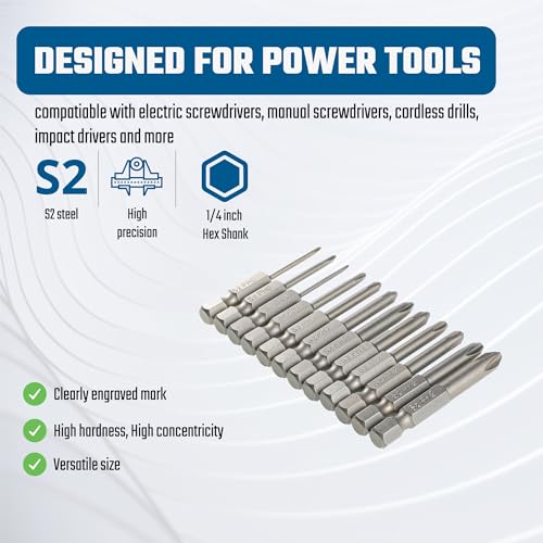 VESTTIO Phillips Cross Slot Screwdriver Bit Set 12PCS 1/4 Inch Hex Shank 2 Inch/50 mm Length S2 Steel with Magnetic for Power Screwdriver Drill Impact Driver - size: 12 PH / 2 inch