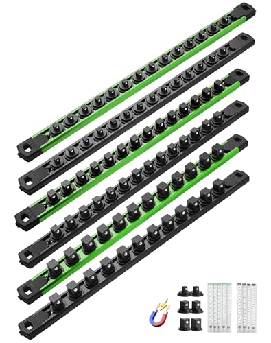 ALOANES Magnetic Socket Organizer Set, 6PC Heavy Duty Aluminum Socket Holder Organizer, 360° Swivel Clips Socket Holder Kit for Toolbox Drawer Fit 1/2, 3/8, 1/4-Inch x 80 Clips (Green&Black, 6PC) - color: Green&Black, size: 6PC, 1/2, 3/8, 1/4-Inch Drive