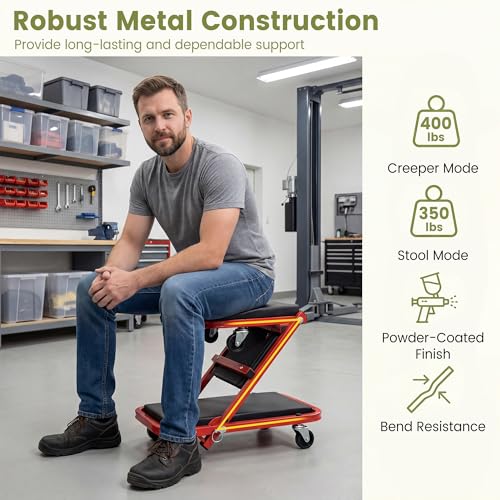 IRONMAX Folding Mechanic Z-Creeper, 2-in-1 Automotive Creeper & Stool, 36" Rolling Garage Tool with Padded Seat & 6 Swivel Casters, 400 LBS Capacity, Lay Down Sit for Under Car Repair (Red, 36-inch)