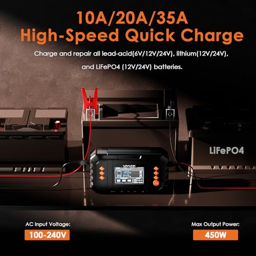 WAVLINK 450W Smart Battery Charger, Max. 35A Trickle Charger with LCD Display, for 6V/12V/24V Lead-Acid/Lithium/LiFePO4 Batteries, Battery Maintainer and Desulfurizer for Cars, Boats, Motorcycles - color: 35-AMP