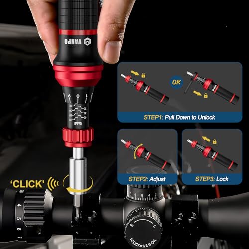 VANPO Torque Screwdriver, 10-70 In-lb, 64 Piece, Click Style for Gunsmith | 1 in-lb Increment, Grip ergonomics, 1/4 Inch Torque Wrench Screwdriver Set with S2 Bits for Electronics,Bike & Mounting